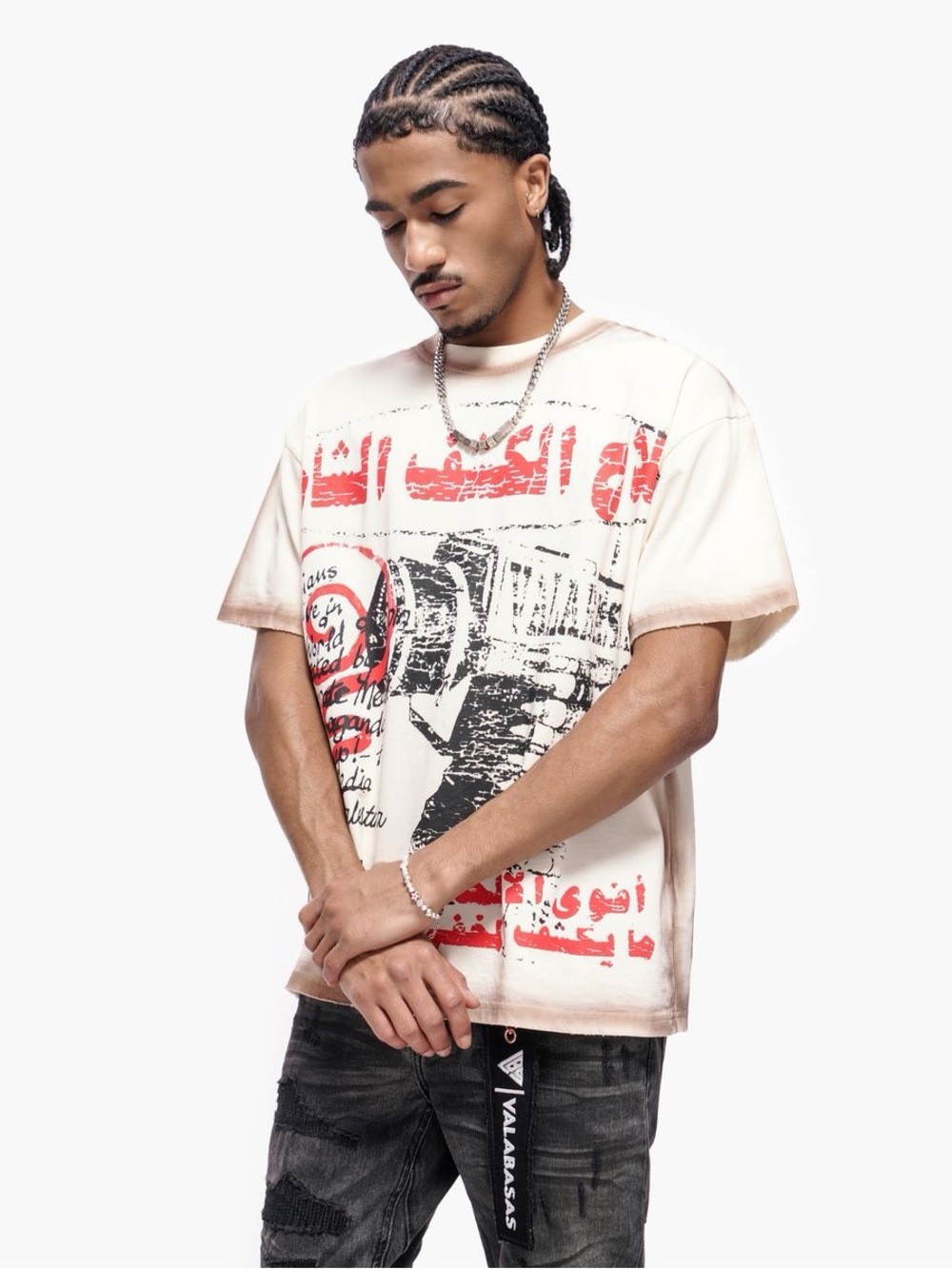 VALABASAS Men's Short-Sleeve Graphic Tee in Cream with Red & Black Print